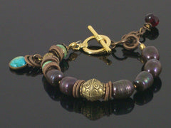 Single-strand Pearl & turquoise toggle bracelet (Web-200)