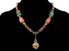 Single strand antiqued bead wrapped hand blown glass with stones and pearl (Web-275)