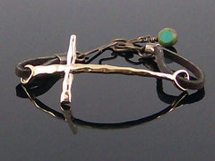 Hammered metal east/west cross with leather bracelet (Web-283)