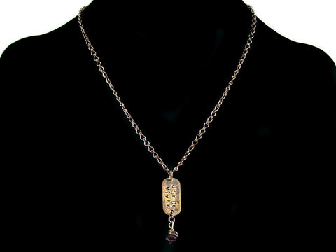 Antiqued ladder chain with hand-stamping & garnet crystal (Web-154)