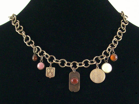 Antiqued chain drop choker with various cabochons and metal stampings (Web-156)