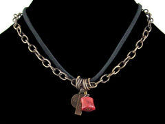 Antiqued etched chain with stamped charms, sponge coral & leather (Web-166)