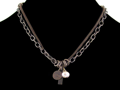 Antiqued etched chain with stamped charms, pearl & leather (Web-167)