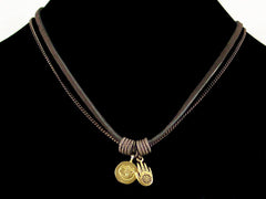 Antiqued fine chain with stamped charms & leather (Web-168)