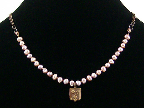 Antiqued chain necklace with mauve pearl strand & stamping (Web-186)
