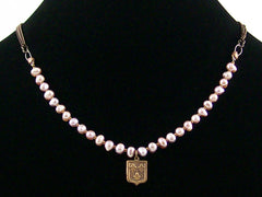Antiqued chain necklace with mauve pearl strand & stamping (Web-186)