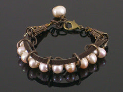 Multi-strand Pearl, chain & leather bracelet (Web-194)