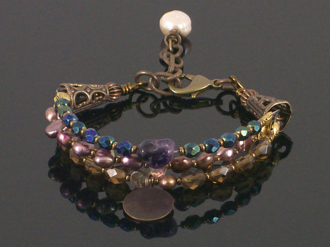 Multi-strand Crystal, pearl & charm bracelet (Web-195)