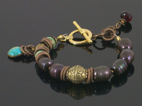 Single-strand Pearl & turquoise toggle bracelet (Web-200)