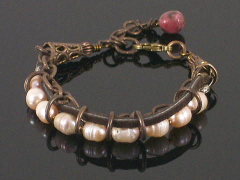 Multi-strand Pearl, chain & leather bracelet (Web-201)