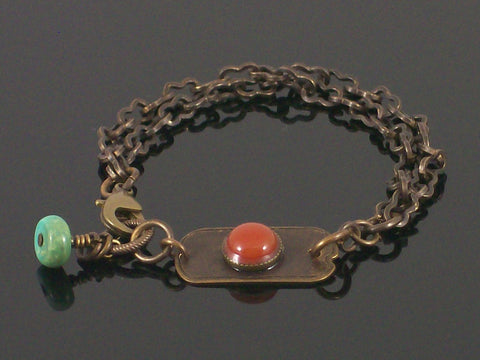 Multi-strand Antiqued chain with carnelian cabochon bracelet (Web-202)