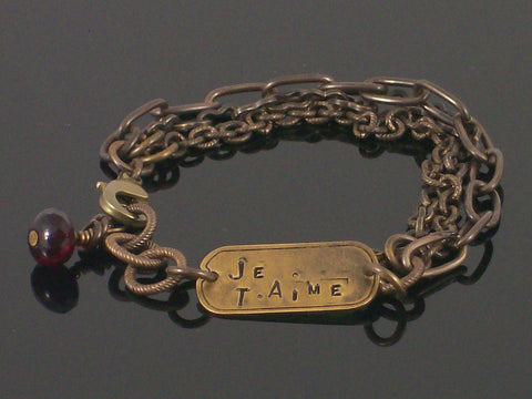 Multi-strand Antiqued chain with Hand-stamped dogtag bracelet (Web-203)