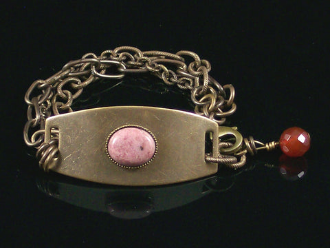Multi-Strand antiqued ID Bracelet with Rhodonite Cabochon  (Web-206)