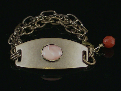 Multi-Strand Antiqued ID Bracelet with Pink/Peach Shell Cabochon (Web-207)