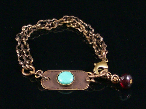 Multi-strand Antiqued Chain with Turquoise Cabochon Bracelet  (Web-209)