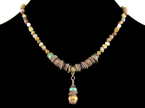 Wood agate choker w/ pearl and turquoise crystal drop (Web-223)