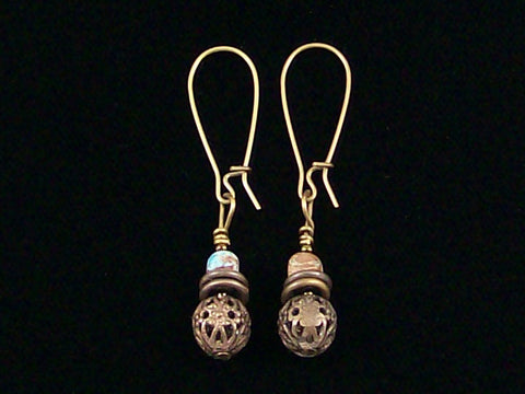 Antiqued medium earrings w/mixed Jasper and filigree bead (Web-231)