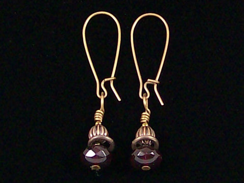 Antiqued medium earrings w/ Garnet crystal and melon bead (Web-242)