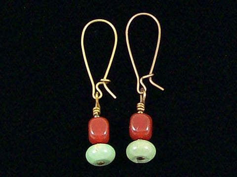 Antiqued medium earrings w/ Truquoise and carnelian (Web-244)
