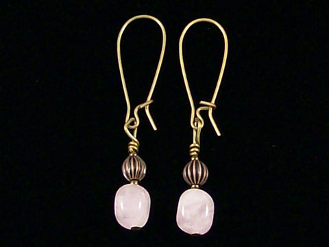 Antiqued medium earrings w/ Rose Quartz and melon bead (Web-247)