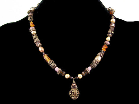 Antiqued multi stone and pearl drop choker (Web-252)