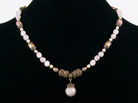 Antiqued Rose quartz and pearl drop choker  (Web-254)