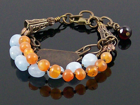 Multi-strand Carnelian, chain, aqua & charm bracelet (Web-268)