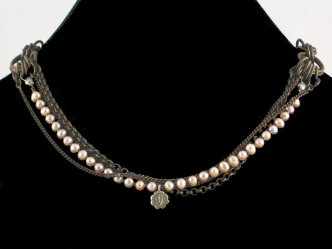 Multi-strand antiqued chain necklace with pearls & charm (Web-26)