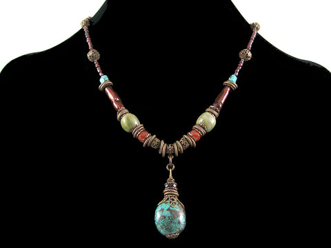 Antiqued multi stone and turquoise drop choker (Web-272)