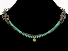 Multi-strand antiqued chain necklace with turquoise crystal & charm (Web-27)