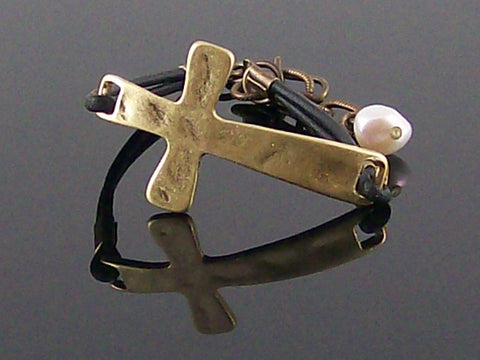 Antiqued hammered metal east/west cross with leather bracelet  (Web-281)