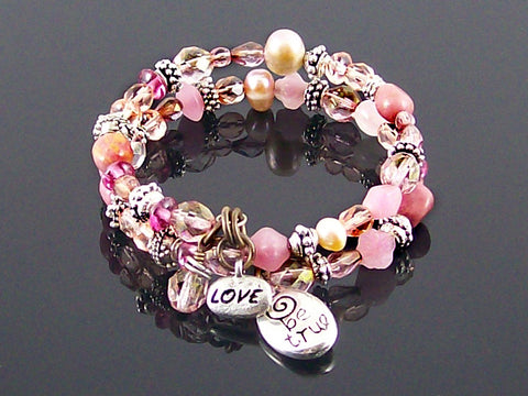 Crystal, stone and pearl coil metal charm bracelet (Web-288)