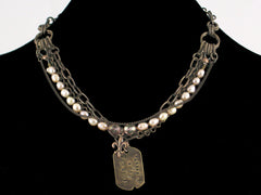 Multi-strand antiqued chain with pearls & hand-stamped dogtag (Web-28)