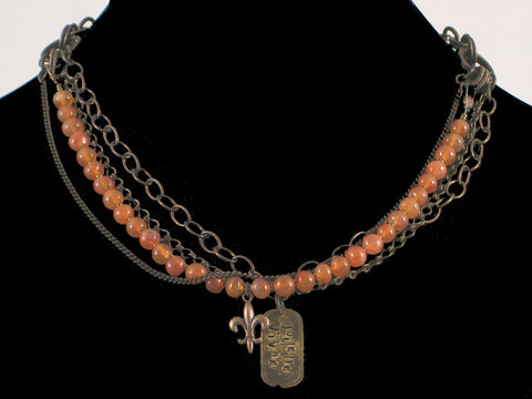 Multi-strand antiqued chain with carnelian & Hand-stamped dogtag (Web-29)
