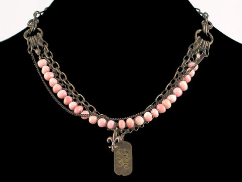 Multi-strand antiqued chain with rose coral glass & Hand-stamped dogtag (Web-30)